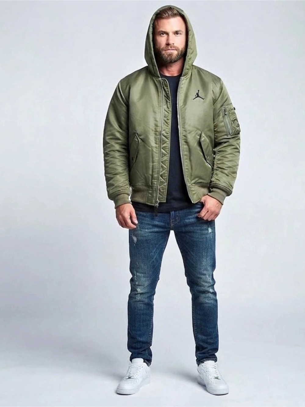 Renegade Flight Bomber Hooded Jacket Olive/Starfish Mens Size S NWT